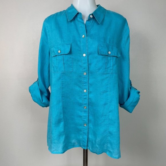 Chaus Tops Chaus Top 2 Blue 10 Linen Buttonfront Rolltab Sleeve